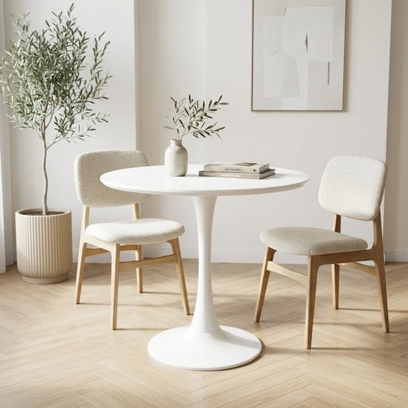 Round White Dining Table - Modern Mid-Century Pedestal Base Coffee Table