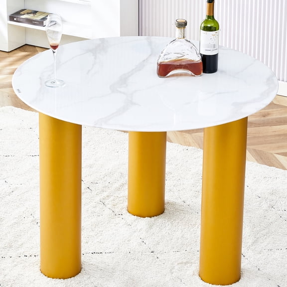 Round White Dining Table | Suitable for Family and Friends Gatherings, Seats 4 | Artificial Marble Glass Stickers, Golden MDF Legs | Easy to Clean and Install