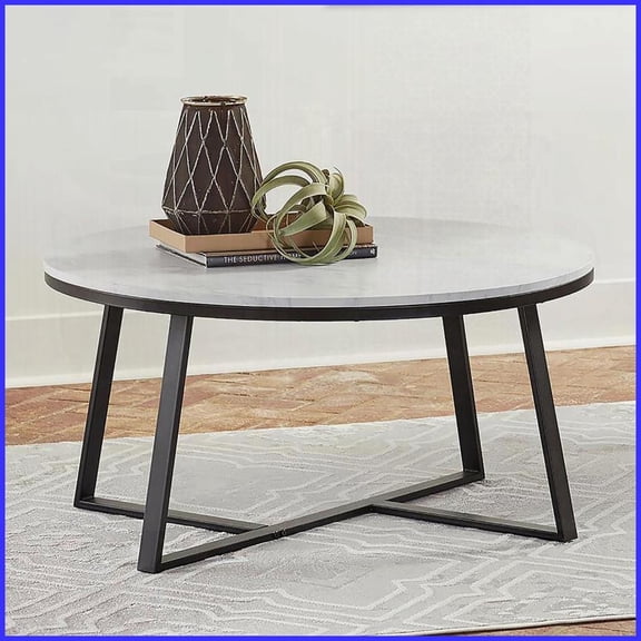 Round White Faux Marble Coffee Table with Matte Black Metal Base for Living Room, Durable & Stylish