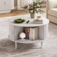 thumbnail image 1 of Round White Fluted Coffee Table with 360掳 Curved Sliding Doors and Solid Wood Legs, Mid-Century Modern Center Table, 1 of 7