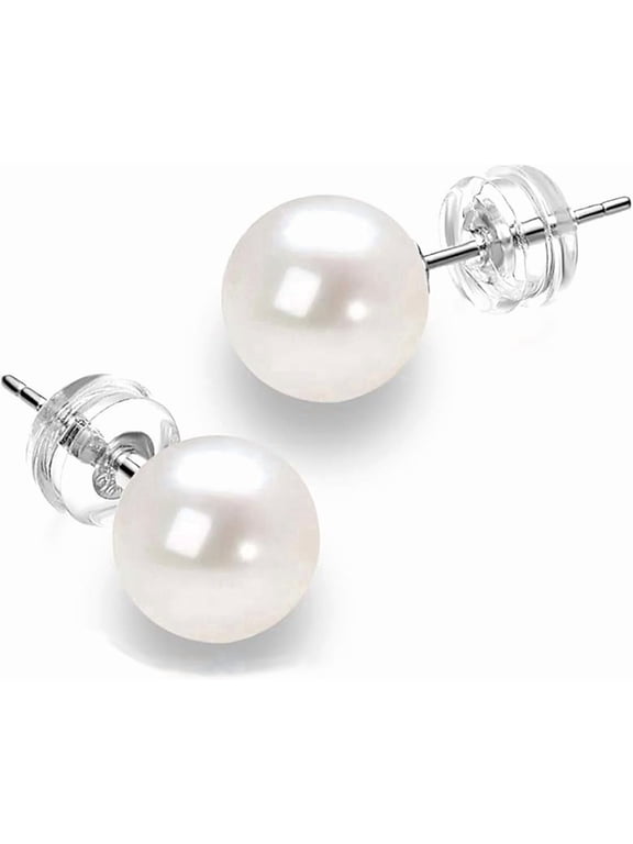 Round White Freshwater Cultured Pearl Stud Earrings, Sterling Silver 18K Gold Plated Hypoallergenic Earring Studs Jewelry For Women- AAAA Quality