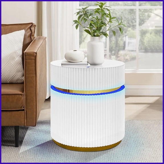 Round White Glass Top Coffee Table for Living Room with LED Lights, Gold Brim & 4 Color Modes