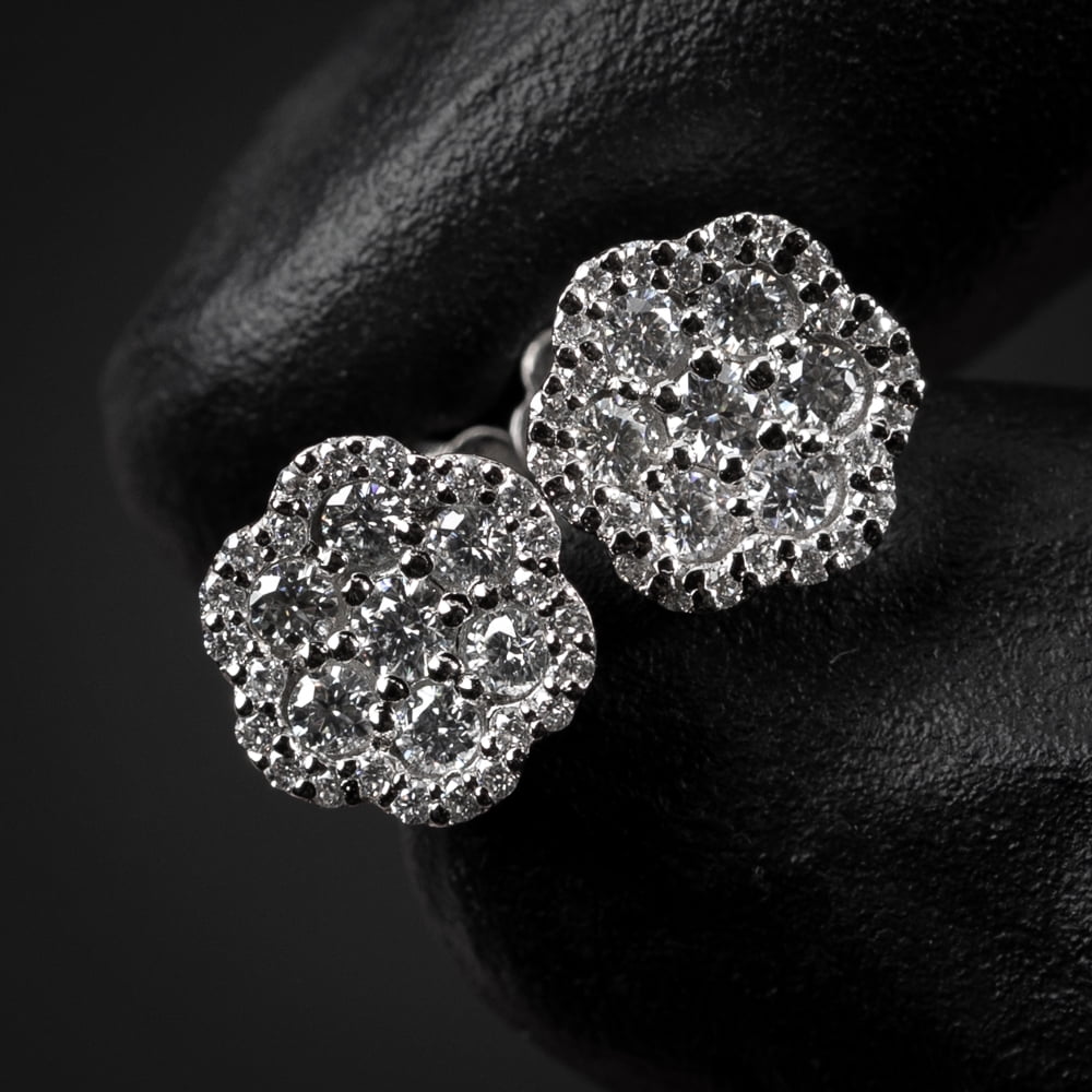 Round White Gold Plated 925 Sterling Silver 0.76Ct Earring Natural VVS D Color Moissanite Small Flower Cluster Circle Screw Back Stud Earrings For Men And Women