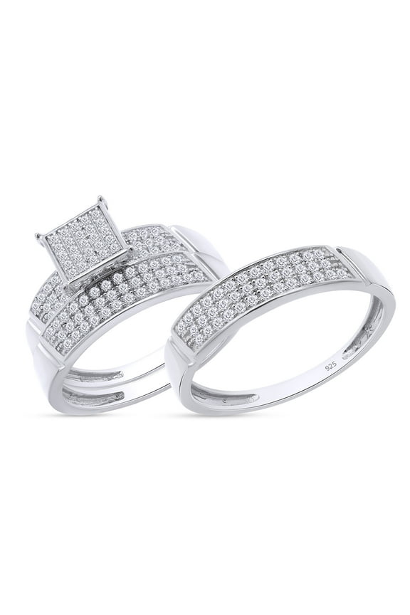 Round White Lab Created Moissanite Diamond Engagement Ring (Unisex) Trio Set for Men's and Women's (0.62 ctw) In 14K White Gold Plated 925 Sterling Silver Size: Women-4 & Men-7