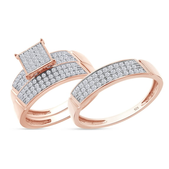 Round White Lab Created Moissanite Diamond Engagement Ring (Unisex) Trio Set for Men's and Women's (0.62 ctw) In 14K Rose Gold Plated 925 Sterling Silver Size: Women-5 & Men-11.5