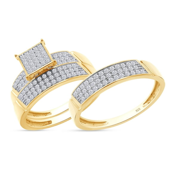 Round White Lab Created Moissanite Diamond Engagement Ring (Unisex) Trio Set for Men's and Women's (0.62 ctw) In 14K Yellow Gold Plated 925 Sterling Silver Size: Women-4.5 & Men-8.5