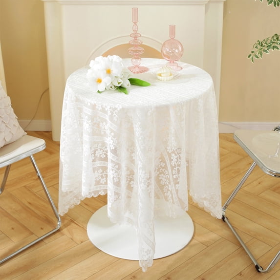 Round White Lace Tablecloth 35 in Embroidered Sheer Table Cover Hollow Out Non Slip Design Polyester Vintage Floral Overlay for Dining Table Home Restaurant Cafe Decor
