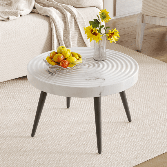 Elegant White Marble Round Coffee Table - 23.6 Inches Diameter, Suction Molding for Durability, White Marble Design