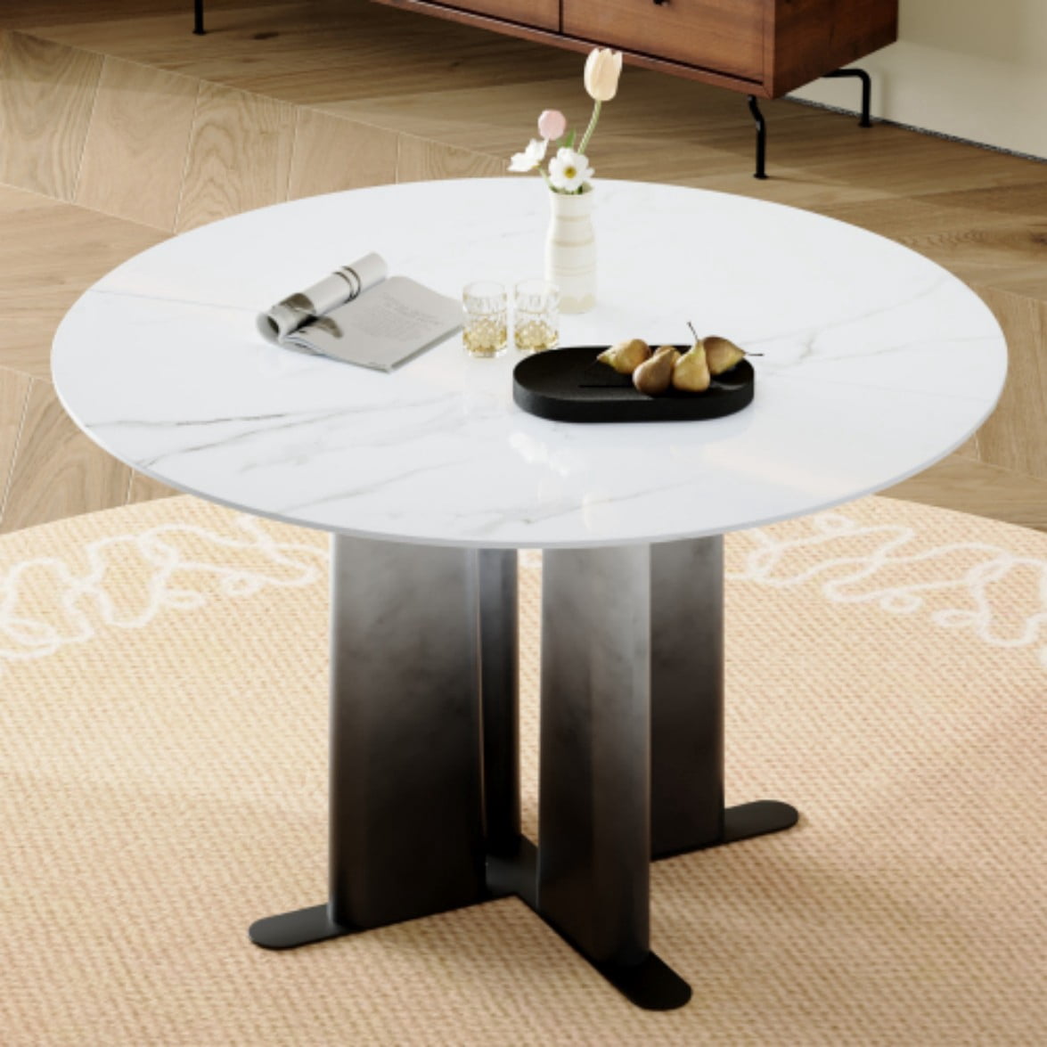 Round White Marble Dining Table, Modern MDF Kitchen Table for 2-4 People, Gradient Cross Base, Compact Table for Small Spaces, White & Black