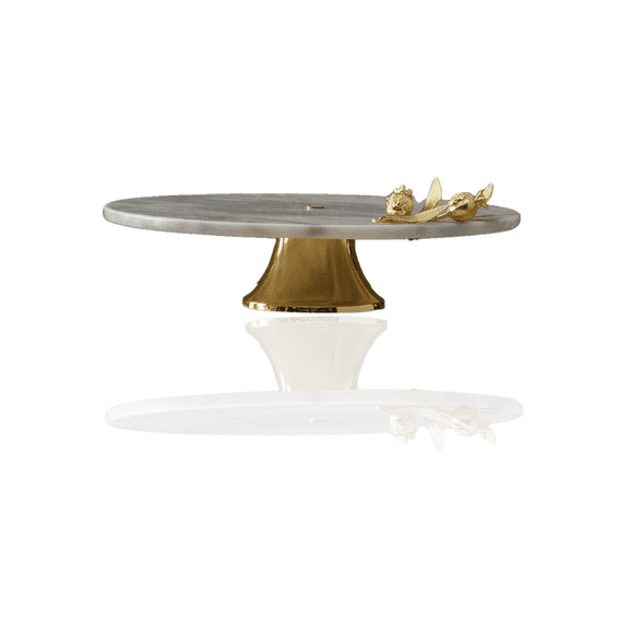 Round White Marble Serving Stand With Gold Pomegranate Detail