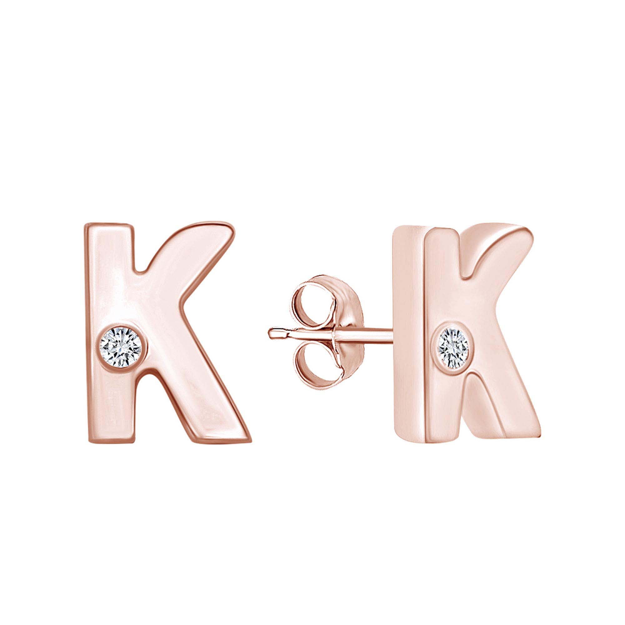 Round White Natural Diamond Accent Initial Letter "K" Stud Earrings 14k