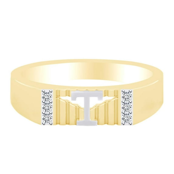 AFFY Round White Natural Diamond Accent Initial Letter "T" Two Tone Ring 14k Solid Yellow Gold