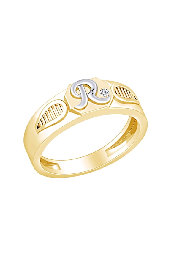 Round White Natural Diamond Accent Initial "R" Two Tone Ring 14k Yellow Gold Over Sterling Silver