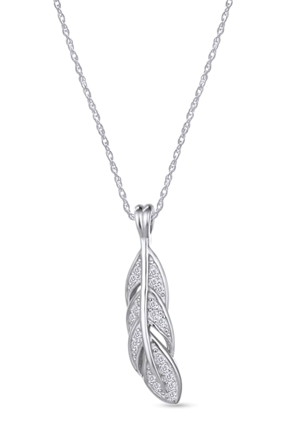 Round White Natural Diamond Accent Leaf Leave Pendant Necklace in 14k White Gold Over Sterling Silver