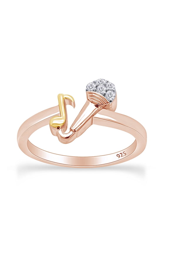 Round White Natural Diamond Accent Mic & Music Note Two Tone Ring 14k Rose Gold Over Sterling Silver, Ring Size-7