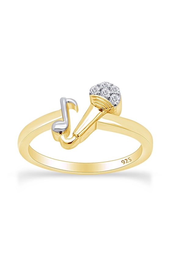 AFFY Round White Natural Diamond Accent Mic & Music Note Two Tone Ring 14k Yellow Gold Over Sterling Silver, Ring Size-8