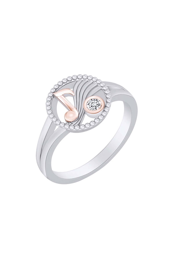 Round White Natural Diamond Accent Two Tone Musical Note Solitaire Ring 14k White Gold Over Sterling Silver