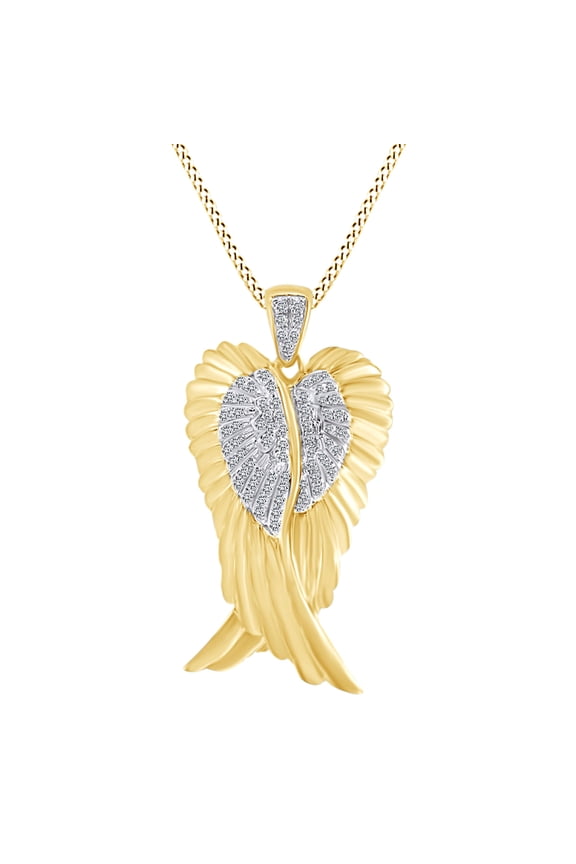 Round White Natural Diamond Angel Wings Pendant Necklace 10k Solid Yellow Gold (0.30 Cttw)