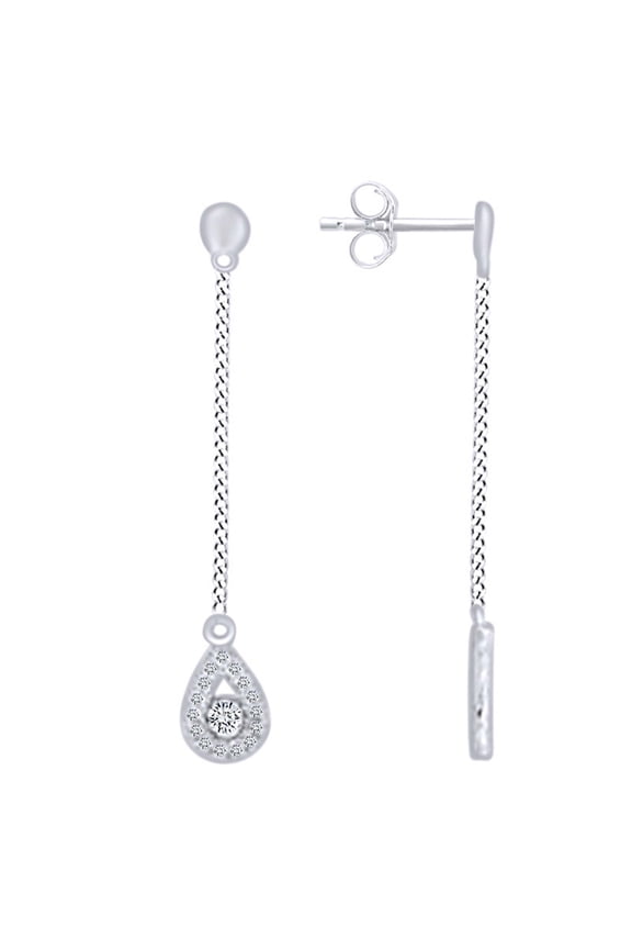 Round White Natural Diamond Drop Long Dangling Earrings In 10K Solid White Gold ( 0.10 Cttw , I2-I3 Clarity , I-J Color)