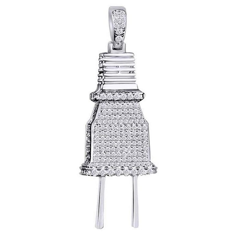 Round White Natural Diamond Iced Out Hip Hop Jewelry 2 Pin Plug Pendant 14k Solid White Gold 0.5Ct