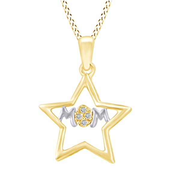 AFFY Round White Natural Diamond "MOM" Star Pendant Necklace In 14K Yellow Gold Over Sterling Silver