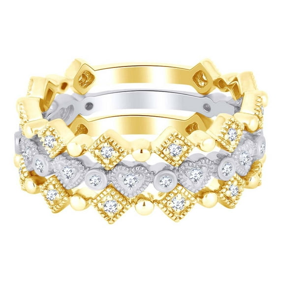 AFFY Round White Natural Diamond Two Tone Trio Wedding Band Ring Set In 14k Solid Yellow Gold (0.42 cttw) Ring Size-8.5