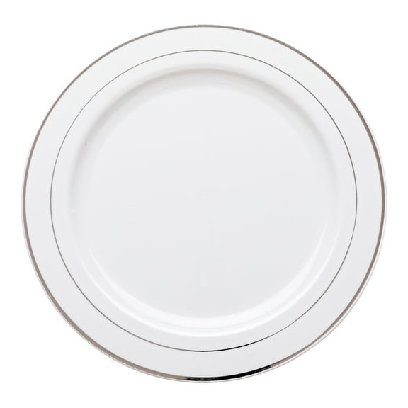 Round White Plastic Silver-Rimmed Plate - 10 1/2" x 10 1/2" x 1/2" - 100 count box