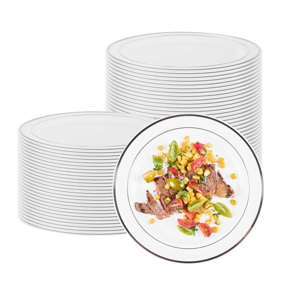 Maxi Serve Round White Plastic Silver-Rimmed Plate - 7 1/2" x 7 1/2" x 1/2" - 100 count box