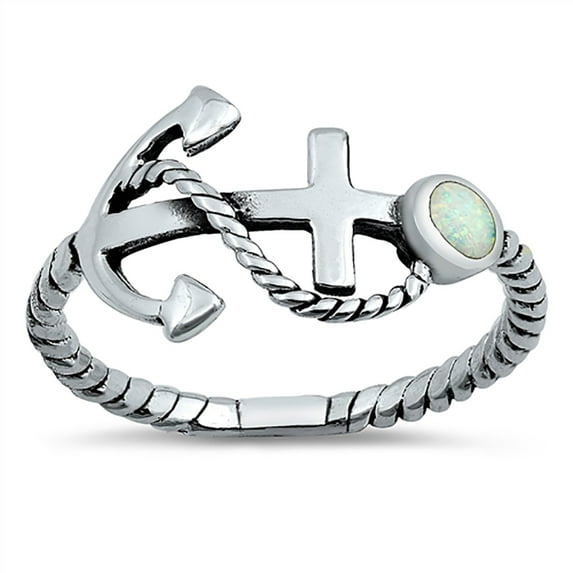 Round White Simulated Opal Anchor of Hope Ring Sterling Silver Size 8