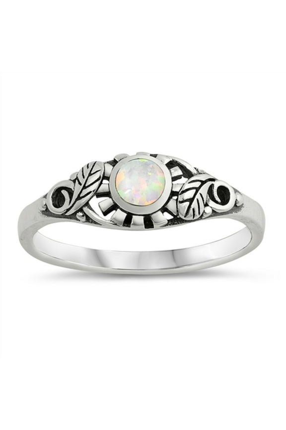 Round White Simulated Opal Center Floral Leaves Ring Sterling Silver Size 10