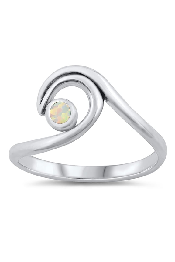 Round White Simulated Opal Surfing Wave Ring Sterling Silver Size 10