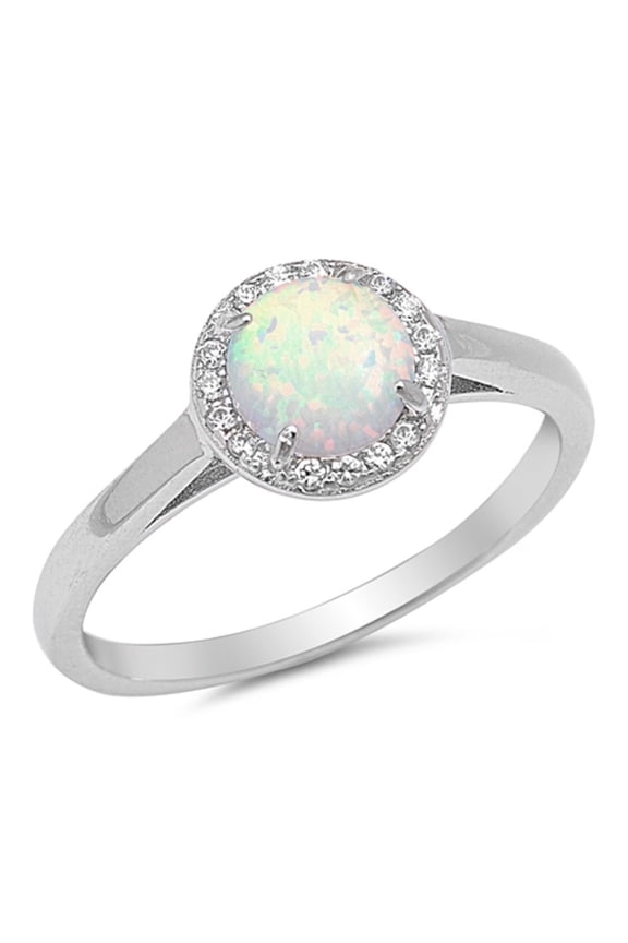 Round White Simulated Opal Surrounded By Small Cubic Zirconia Stones Solitaire Ring Sterling Silver Size 6