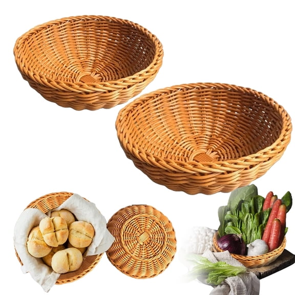 Round Wicker Bread Basket (Large) - Handwoven Plastic Fruit Serving Bowl for Table Centerpiece - Small Food Storage Container for Snacks, Pastries, and Dinner Rolls