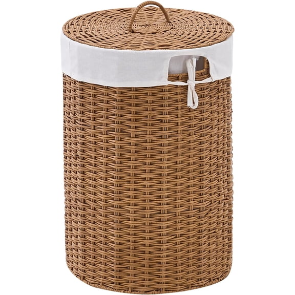 Round Wicker Laundry Hamper with Lid Handwoven Rattan Basket with Handles for Dirty Clothes, 2 Washable Liner Bags, No Assembly Required, Washable Basket, 60L