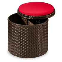 Round Wicker Ottoman, Multipurpose Outdoor Furniture for Patio, Backyard, Additional Seating, Footrest, Side Table w/Storage, Removable Cushions – Brown/Red