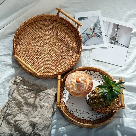 Round Wicker Serving Trays and Platters with Handles | Handcrafted Trays for Breakfast Food Dish Coffee Table for Home and Restaurants