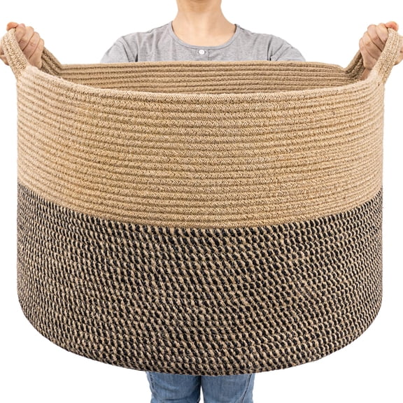 Round Wicker Storage Basket Black & Jute, 21.7x21.7x13.8 Inch (Pack of 1) For Blanket And Laundry