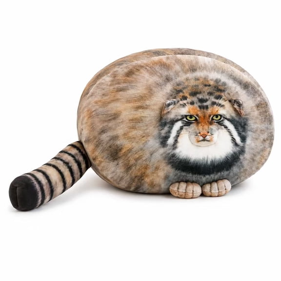 Round Wild Cat Plush Toy with Striped Tail, Soft Stuffed Animal Plushie, Cute Round Animal Plush for Bed Sofa Desk Room Decor, Birthday Christmas Holiday Gift, Available in 4 Sizes