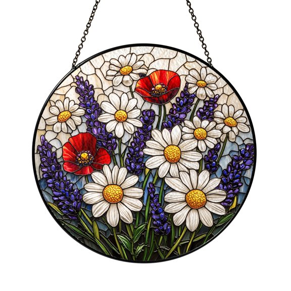 Round Wildflower Stained Glass Window Suncatcher, Colorful Meadow Flower Design for Cheerful Home Decor
