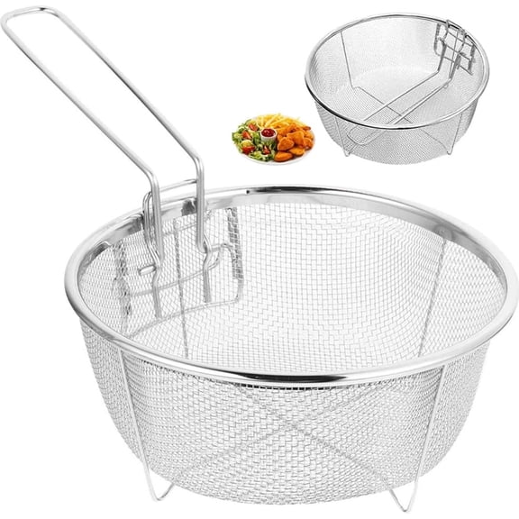 Scheam Round Wire Mesh Fry Basket,Stainless Steel Foldable Strainer,Multiuse Drain Basket for Fruit Vegetable,for Home Kitchen Frying 7.8 "