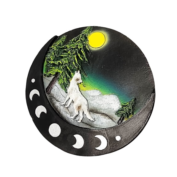 Round Wolf & Moon Incense Burner 5 Inch Hand - Painted Cold Cast Resin Holder | Mystical Howling Wolf Design for Aromatherapy, Meditation, Spiritual Dcor & Home Fragrance Rituals