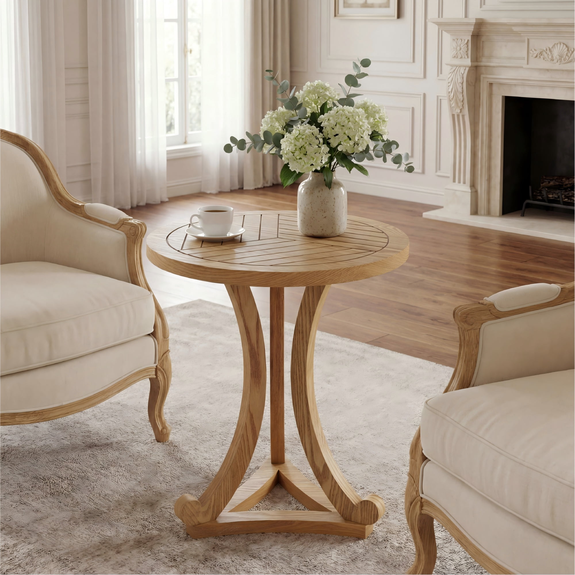 Round Wood Accent Table 17.72 Inch, Natural Finish End Table with Curved Base for Living Room Bedroom