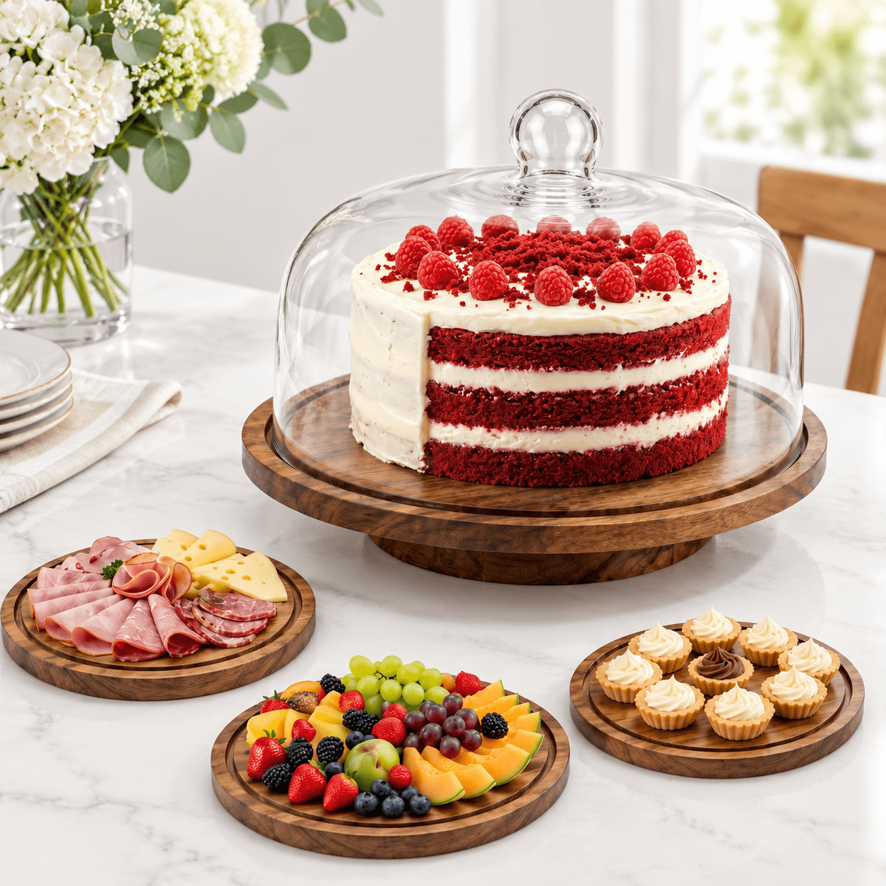 Fall Barber Display Round Wood Cake Stand With Lid Rotating Turntable Glass Dome For ...