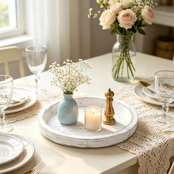 Round Wood Candle Tray, Rustic Farmhouse Candle Holder for Pillar & Tea Lights, Solid Wood Decorative Centerpiece for Coffee Table Kitchen Counter Living Room (White - 11.22in)