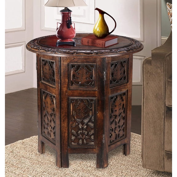 Round Wood Coffee Table - 18” Carved Small Accent Side Table with Burnt Finish, Wooden Altar Table, 18” Round Top x 18” Height, Perfect End Table for Living Room Décor