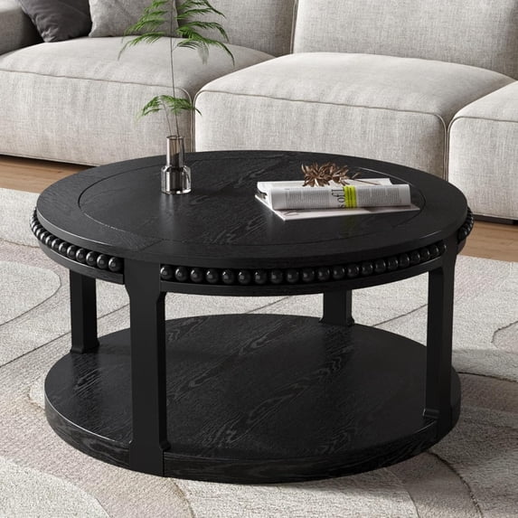 Round Wood Coffee Table 31.5" Circle Coffee Tables with Storage Shelf and Bead Decor, Modern Rustic 2-Tier Center Table for Living Room Bedroom Home Office,Black