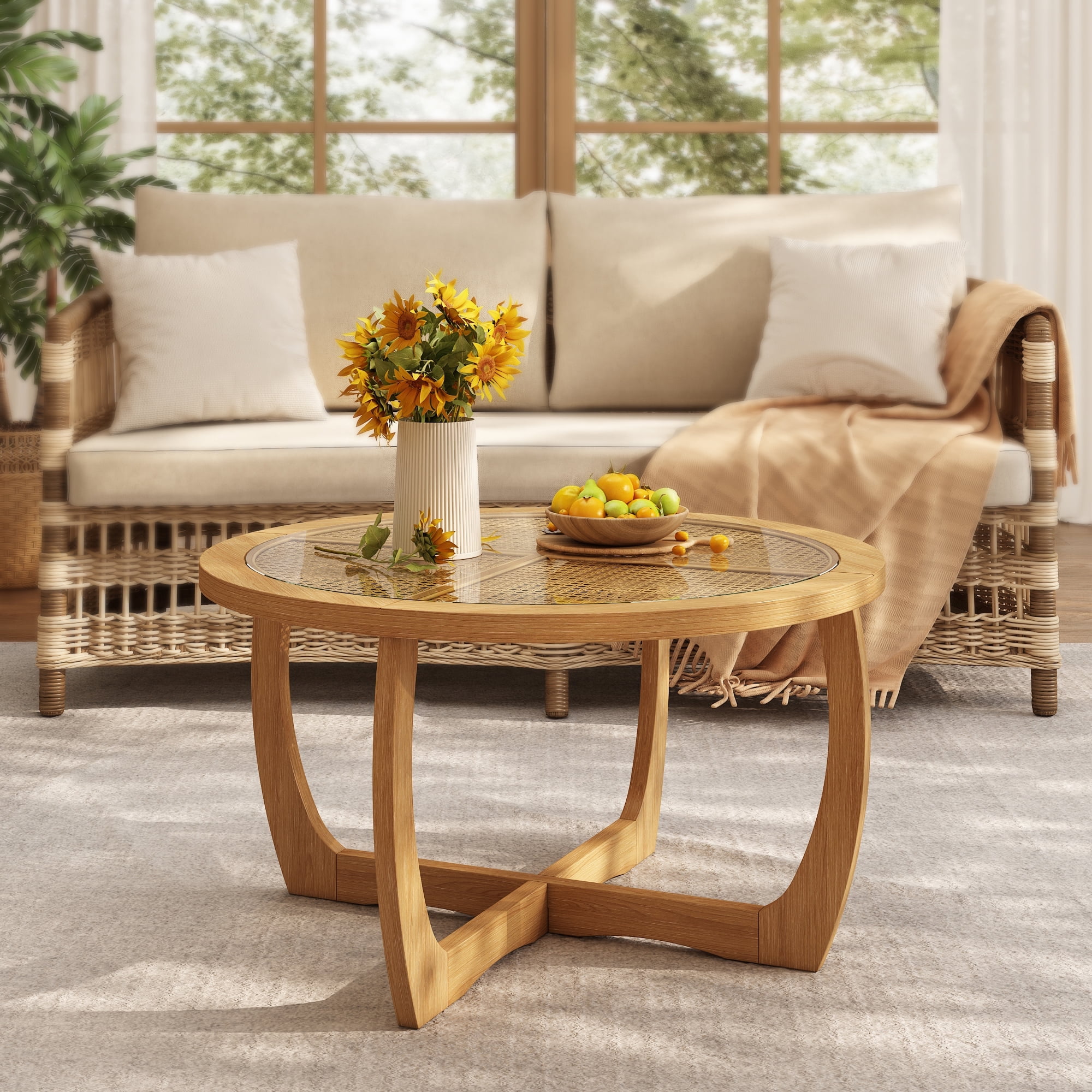 Round Wood Coffee Table with Glass Rattan Top, Wooden Circle Center ...