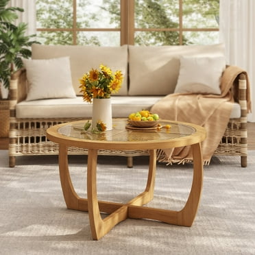 Round Wood Coffee Table with Glass Rattan Top, Wooden Circle Center Table with Curved Legs & Removeable Tempered Glasstop, Cocktail Table for Living Room, Light Brown 32.28" x 18.15"