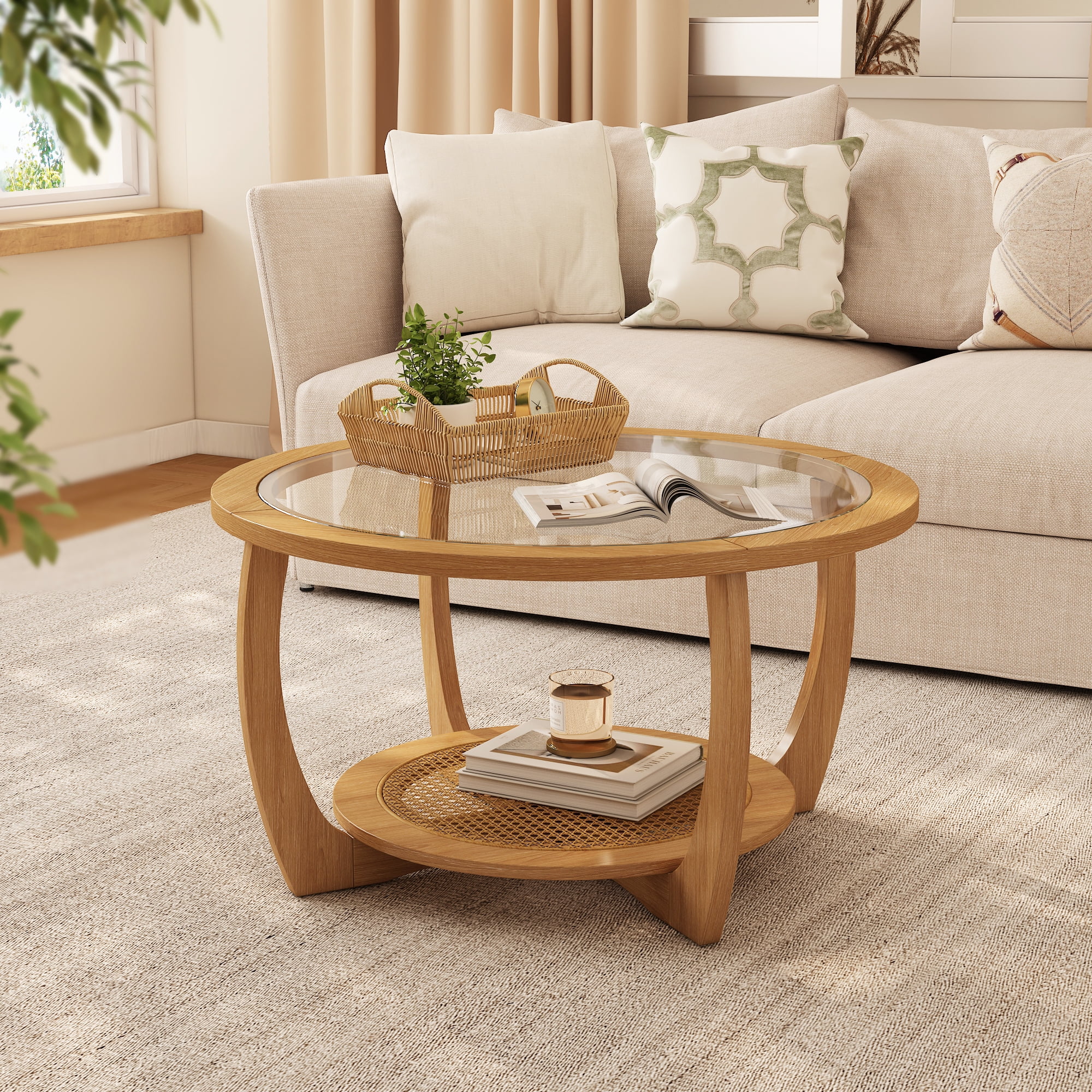 Beautiful Rattan & Glass Coffee Table with Solid Wood Frame by Drew