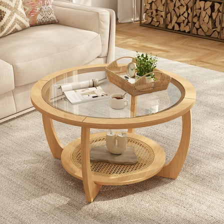Round Wood Coffee Table with Glass Top, Solid Wooden Circle Center Table with Curved Legs and Handmade Rattan Storage Shelf, Farmhouse Cocktail Table for Living Room, Light Brown 32.28" x 18"